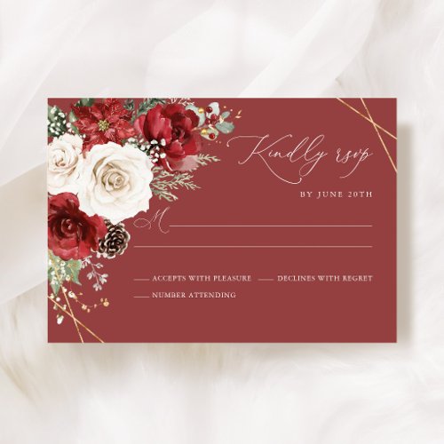 Burgundy Gold Winter Floral Wedding RSVP Card