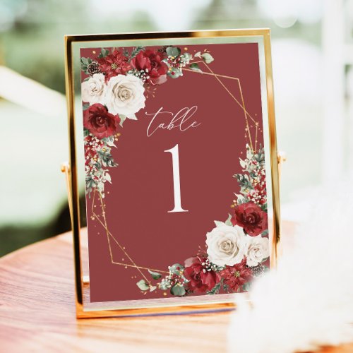 Burgundy Gold Winter Floral Wedding Table Numbers