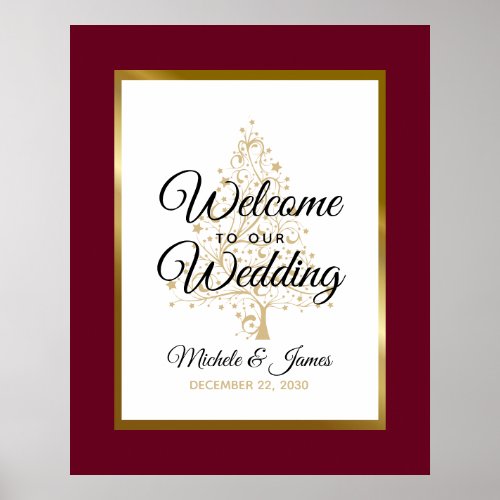 Burgundy Gold Winter Holiday Wedding Welcome Poster