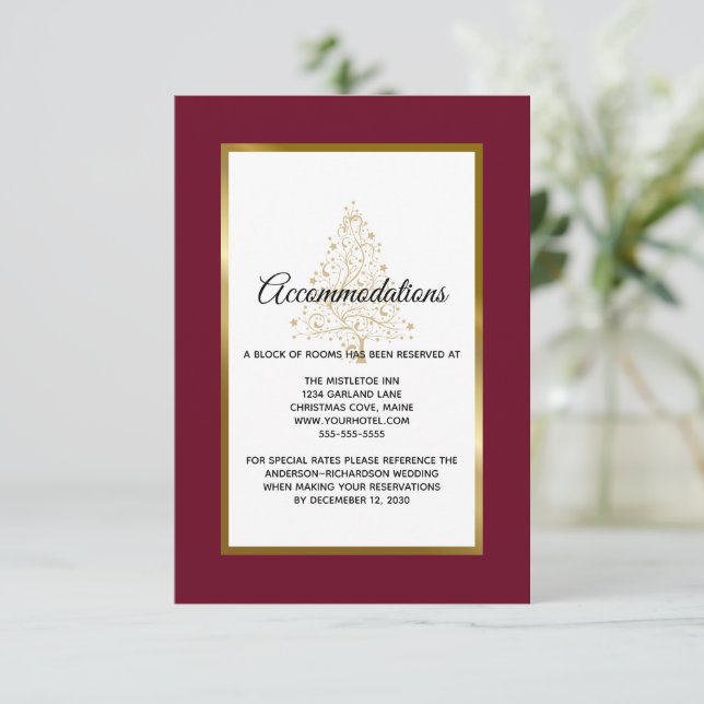 Burgundy Gold Winter Wedding Accommodations Enclosure Card (Standing Front)