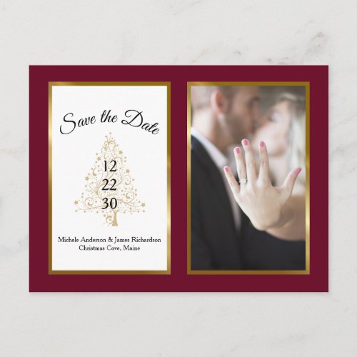 Burgundy Gold Winter Wedding Save The Date Photo Announcement Postcard