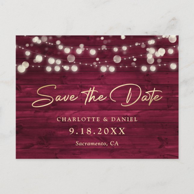 Burgundy Gold Wood String Lights Script Wedding Announcement Postcard (Front)