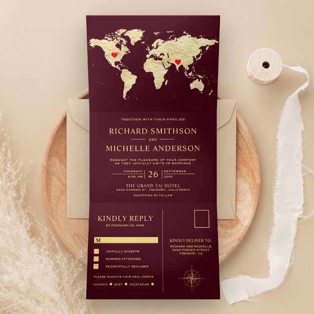 Burgundy Gold World Map All in One Wedding Tri-Fold Invitation (Creator Uploaded)