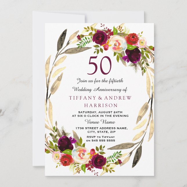 Burgundy Gold Wreath 50th Wedding anniversary Invitation (Front)