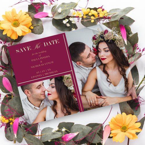 Burgundy Golden 2 Photos Fancy Wedding Date Foil Invitation