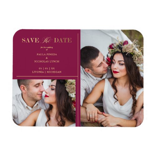 Burgundy Golden 2 Photos Minimalist Wedding Date Magnet