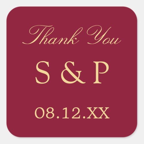 Burgundy Golden Beige Wedding Favor Thank You Square Sticker