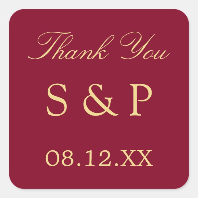 Burgundy Golden Beige Wedding Favor Thank You Square Sticker (Front)