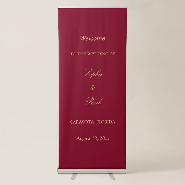 Burgundy Golden Beige Wedding Welcome Retractable Banner (Front)