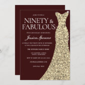 Burgundy Golden Dress 90 & Fabulous 90th Birthday Invitation (Front/Back)