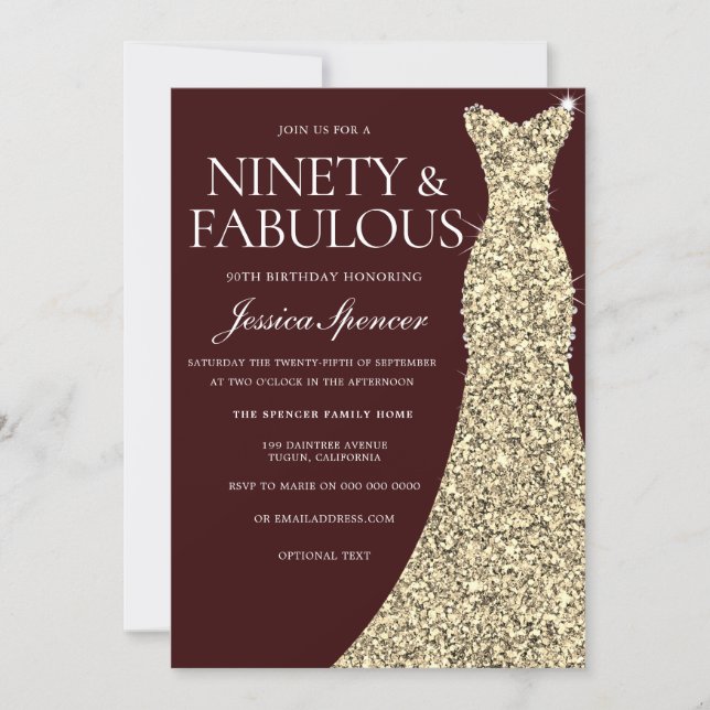 Burgundy Golden Dress 90 & Fabulous 90th Birthday Invitation (Front)