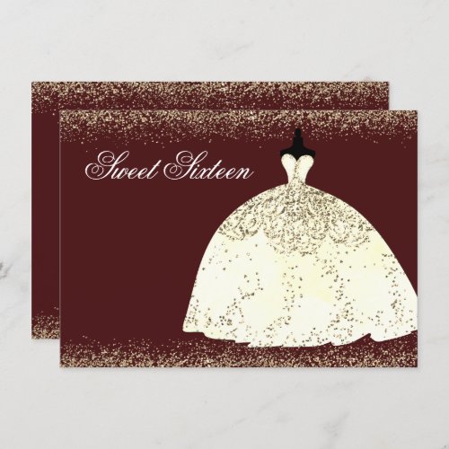 Burgundy Golden Dress Glitter Sweet 16 Invite