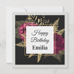 Burgundy Golden elegant Rose Birthday Custom Name Card