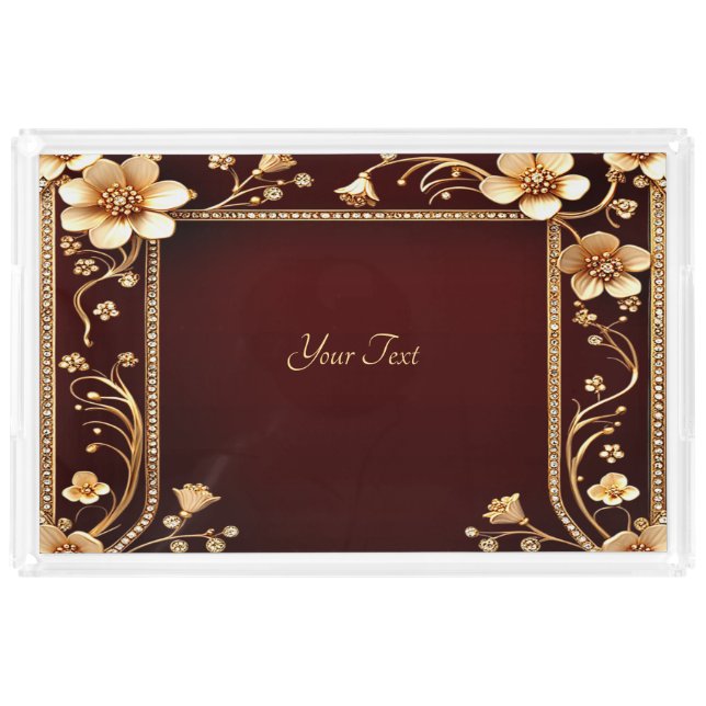 Burgundy Golden Flowers Acrylic Vanity Tray (Front)