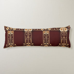 Burgundy Golden Flowers Body Pillow