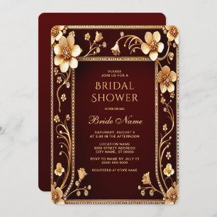 Burgundy Golden Flowers Bridal Shower Invitation