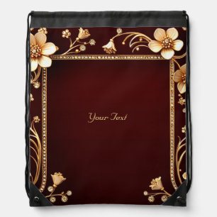 Burgundy Golden Flowers Drawstring Backpack