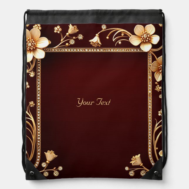 Burgundy Golden Flowers Drawstring Backpack (Front)