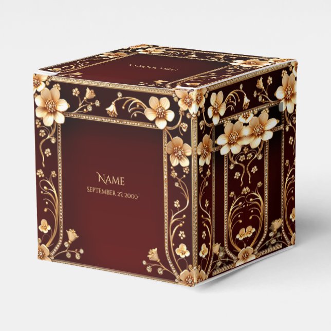 Burgundy Golden Flowers Favor Box (Front Side)