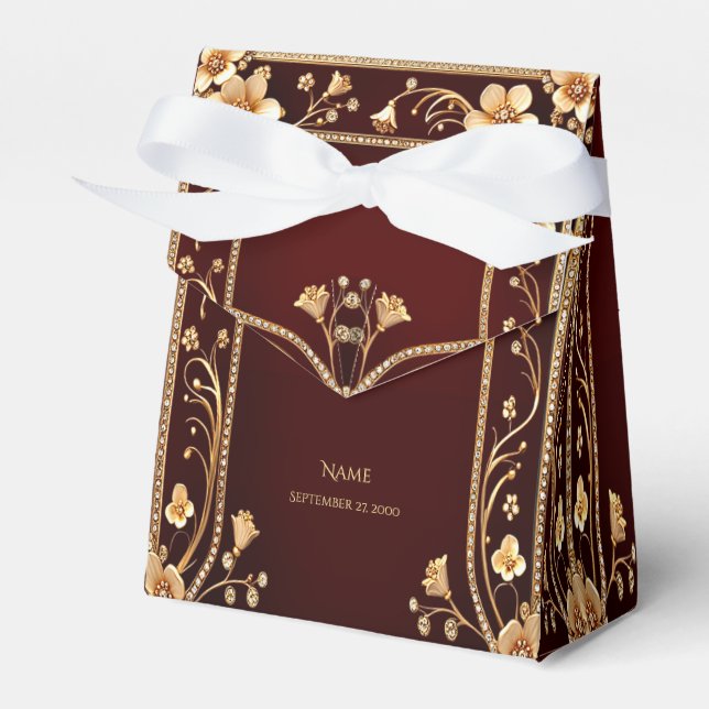 Burgundy Golden Flowers Favor Box (Front Side)
