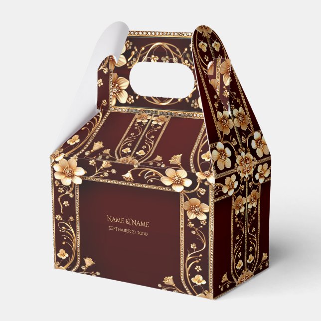 Burgundy Golden Flowers Favor Box (Front Side)