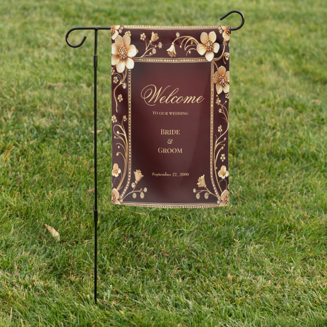 Burgundy Golden Flowers Garden Flag (In SItu)