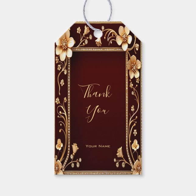 Burgundy Golden Flowers Gift Tag (Front)