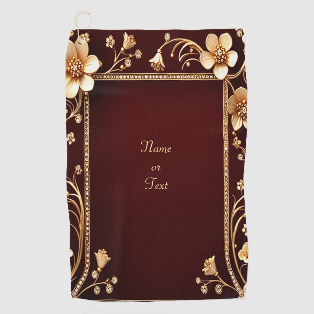 Burgundy Golden Flowers Golf Towel (Front)