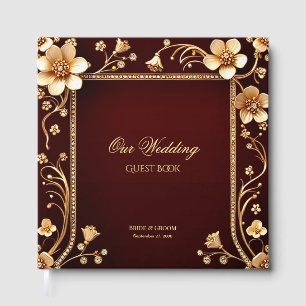 Burgundy Golden Flowers Guest Book