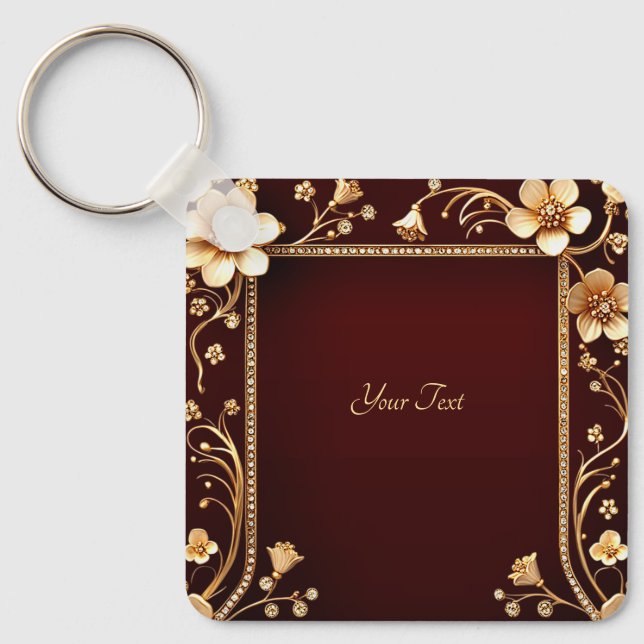 Burgundy Golden Flowers Keychain (Front)