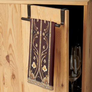 Burgundy Golden Flowers Kitchen Towels