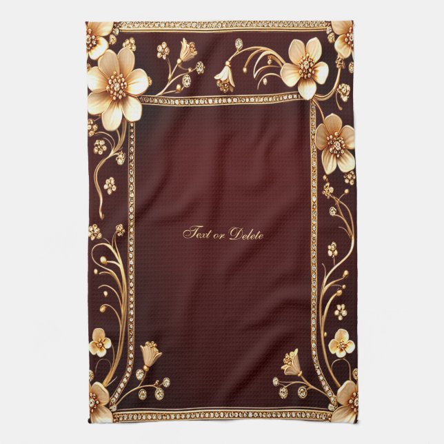 Burgundy Golden Flowers Kitchen Towels (Vertical)