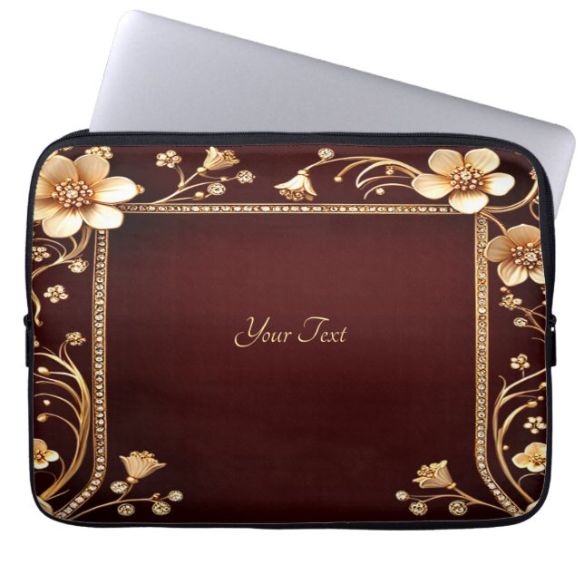 Burgundy Golden Flowers Laptop Sleeve (Front)