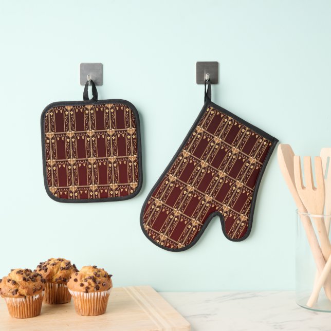 Burgundy Golden Flowers Oven Mitt & Pot Holder Set (Insitu(Hanging))