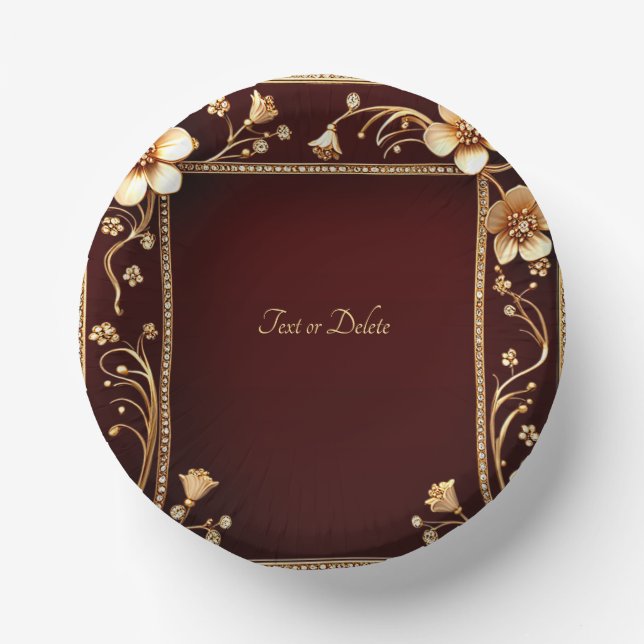 Burgundy Golden Flowers Paper Bowls (Front)