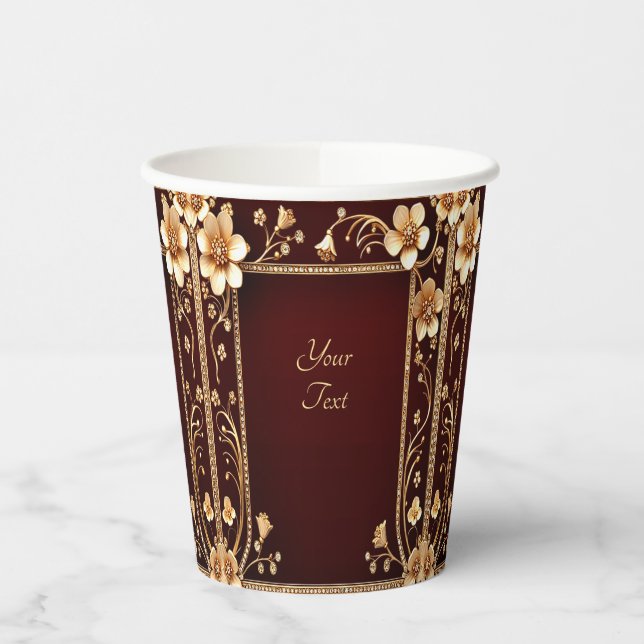 Burgundy Golden Flowers Paper cup (Left)