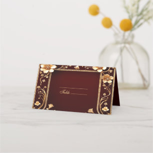 Burgundy Golden Flowers Place Card