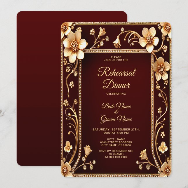 Burgundy Golden Flowers Rehearsal Dinner Invitation (Front/Back)