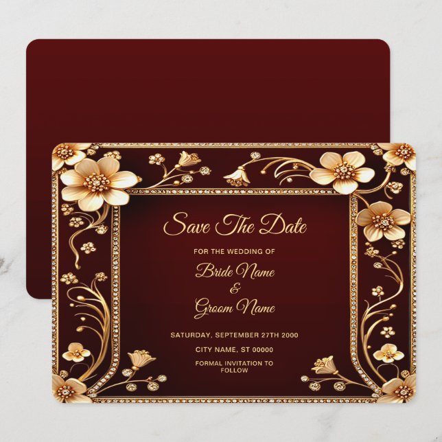 Burgundy Golden Flowers Save The Date (Front/Back)