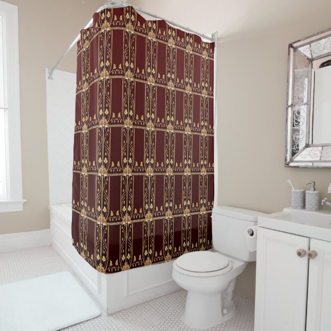 Burgundy Golden Flowers Shower Curtain (In Situ)