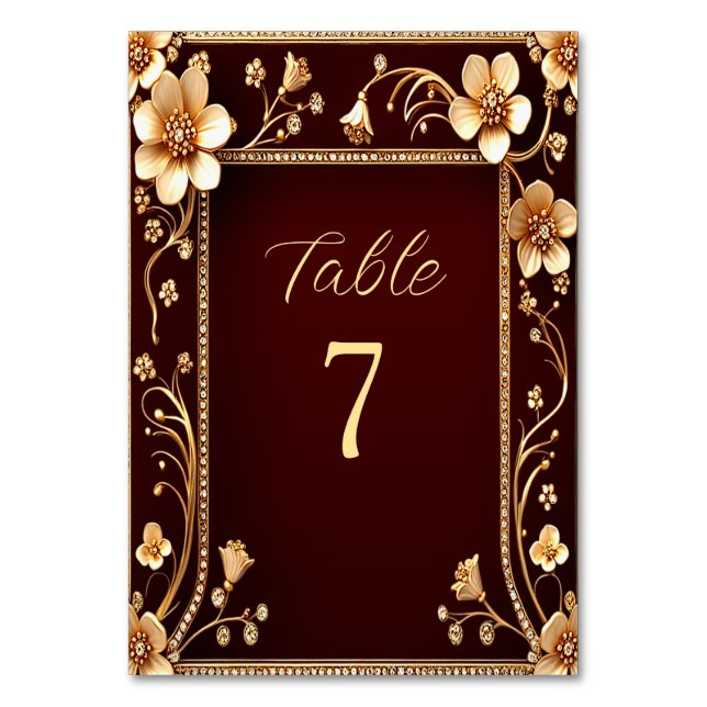 Burgundy Golden Flowers Table Number (Front)