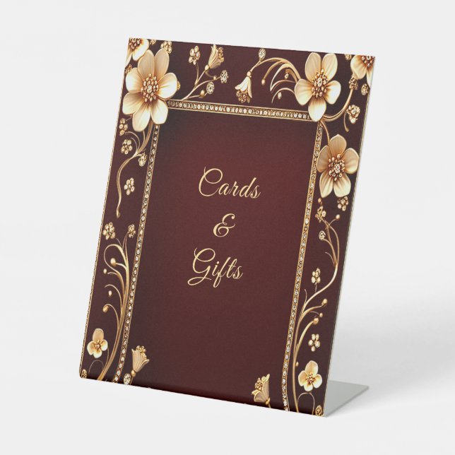 Burgundy Golden Flowers Tabletop Signs (Front)