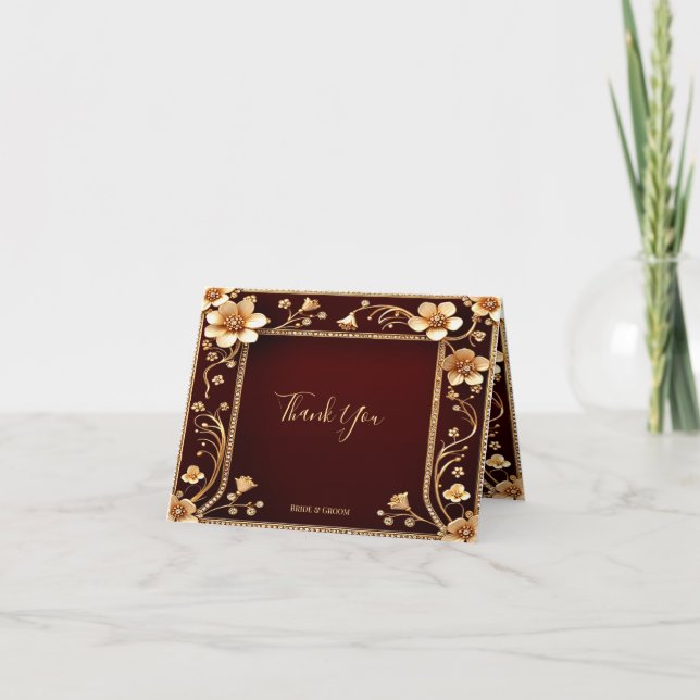 Burgundy Golden Flowers Thank You Card (Front)