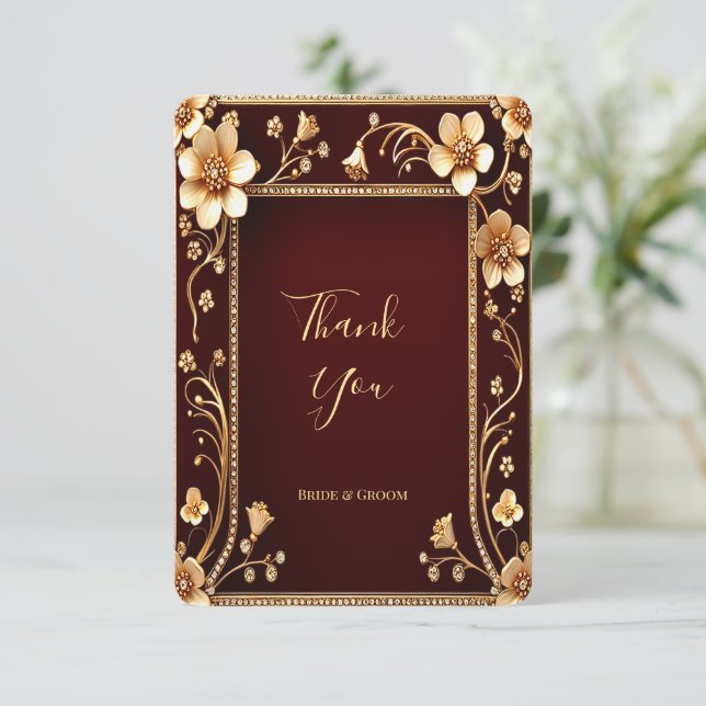 Burgundy Golden Flowers Thank You Card (Standing Front)
