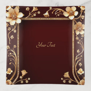 Burgundy Golden Flowers Trinket Tray
