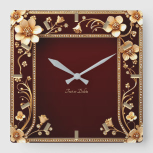 Burgundy Golden Flowers Wall Clock
