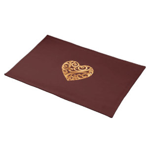 Burgundy Golden Heart Symbol of Love Cloth Placemat