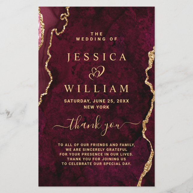 Burgundy Golden Marble Wedding Ceremony Program (Front)