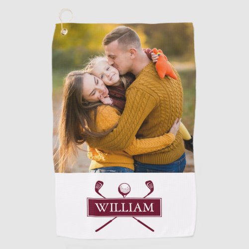 Burgundy Golf Clubs And Ball Custom Name Photo Golf Towel