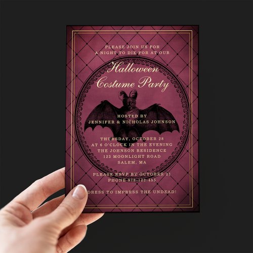 Burgundy Gothic Bat Halloween Costume Party  Foil Invitation